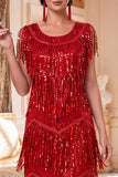 Red Round Neck Sequins Tiered Fringed Midi 1920s Dress With 5-Piece Accessories Set