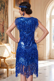 Royal Blue Sequins Round Neck Tiered Ruffled Midi 1920s Dress With 5-Piece Accessories Set