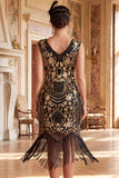Black Golden V-Neck Sequins Bodycon Beaded Fringed Midi 1920s Dress With 5-Piece Accessories Set