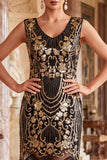 Black Golden V-Neck Sequins Bodycon Beaded Fringed Midi 1920s Dress With 5-Piece Accessories Set