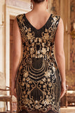 Black Golden V-Neck Sequins Bodycon Beaded Fringed Midi 1920s Dress With 5-Piece Accessories Set