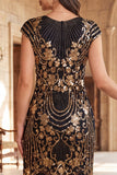 Black Golden Round Neck Beaded Sequins Fringed Bodycon Midi 1920s Dress With 4-Piece Accessories Set