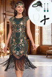 Green Golden Round Neck Sequins Beaded Fringed Midi 1920s Dress With 4-Piece Accessories Set
