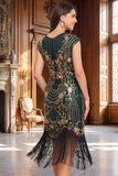 Green Golden Round Neck Sequins Beaded Fringed Midi 1920s Dress With 4-Piece Accessories Set