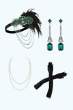 Green Golden Round Neck Sequins Beaded Fringed Midi 1920s Dress With 4-Piece Accessories Set