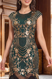 Green Golden Round Neck Sequins Beaded Fringed Midi 1920s Dress With 4-Piece Accessories Set