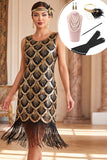 Black Golden Round Neck Sheath Sequins Fringed 1920s Dress With 5-Piece Accessories Set