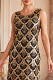 Black Golden Round Neck Sheath Sequins Fringed 1920s Dress With 5-Piece Accessories Set