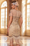 Apricot V-Neck Sequins Bodycon Fringed Midi 1920s Dress With 5-Piece Accessories Set