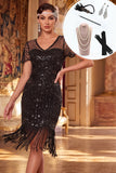 Black V-Neck Sequins Bodycon Fringed Midi 1920s Dress With 5-Piece Accessories Set