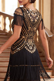Black Golden Round Neck Sheath Sequins Tiered Fringed Midi 1920s Dress With 4-Piece Accessories Set