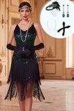 Black Green Bodycon Sequins Spaghetti Straps Fringed 1920s Dress With 4-Piece Accessories Set