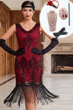 Black Red V-Neck Sequins Bodycon Fringed 1920s Dress With 5-Piece Accessories Set