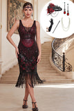 Black Red Sequins Tulle Bodycon V-Neck Fringed 1920s Dress With 5-Piece Accessories Set