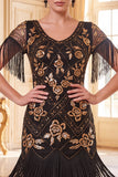 Black Golden Round Neck Fringed Sequins Bodycon 1920s Dress With 5-Piece Accessories Set
