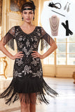 Black Silver Beaded Sequins Fringed Bodycon 1920s Dress With 4-Piece Accessories Set