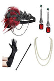 Black Red V-Neck Sequins Bodycon Fringed Midi 1920s Dress With 5-Piece Accessories Set