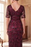 Burgundy Sheath Sequins V-Neck 1920s Dress With 5-Piece Accessories Set