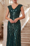 Dark Green V-Neck Sheath Tulle 1920s Dress With 4-Piece Accessories Set