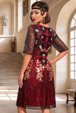 Black Red Round Neck Sequins A-Line Half Sleeves 1920s Dress With 4-Piece Accessories Set