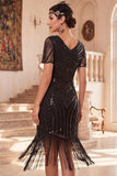 Black V-Neck Beaded Sequins Bodycon Fringed Midi 1920s Dress With 4-Piece Accessories Set