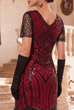 Black Red V-Neck Sequins Beaded Fringed Midi 1920s Dress With 4-Piece Accessories Set
