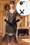 Black Golden V-Neck Sequins Bodycon Fringed Midi 1920s Dress With 4-Piece Accessories Set