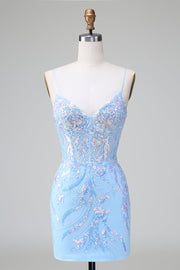 Blue Sequins Corset Open Back Short Graduation Dress with Embroidery