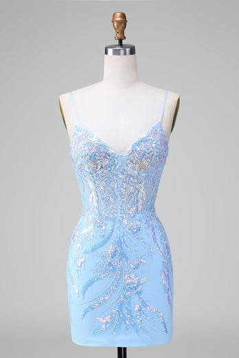 Sparkly Lilac Blue Corset Open Back Sequins Short Graduation Dress with Embroidery