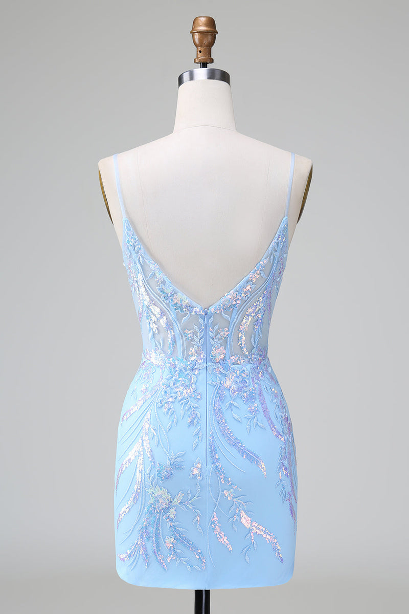 Load image into Gallery viewer, Sparkly Lilac Blue Corset Open Back Sequins Short Graduation Dress with Embroidery