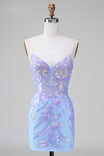 Sparkly Lilac Blue Corset Open Back Sequins Short Graduation Dress with Embroidery