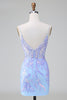 Load image into Gallery viewer, Sparkly Lilac Blue Corset Open Back Sequins Short Graduation Dress with Embroidery