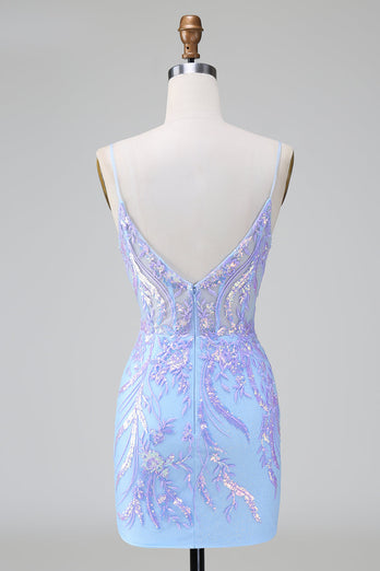 Sparkly Lilac Blue Corset Open Back Sequins Short Graduation Dress with Embroidery