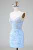 Load image into Gallery viewer, Sparkly Lilac Blue Corset Open Back Sequins Short Graduation Dress with Embroidery