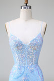 Blue Sequins Corset Open Back Short Graduation Dress with Embroidery
