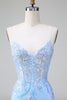 Load image into Gallery viewer, Sparkly Lilac Blue Corset Open Back Sequins Short Graduation Dress with Embroidery