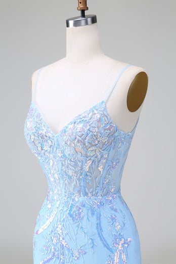 Sparkly Lilac Blue Corset Open Back Sequins Short Graduation Dress with Embroidery