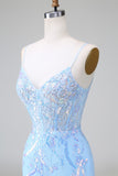 Blue Sequins Corset Open Back Short Graduation Dress with Embroidery
