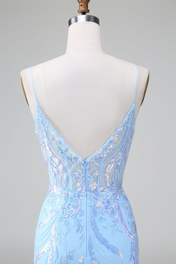 Sparkly Lilac Blue Corset Open Back Sequins Short Graduation Dress with Embroidery