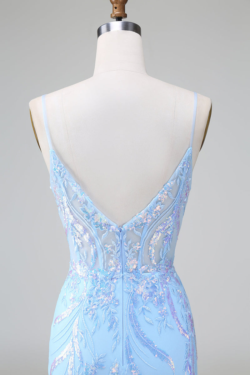 Load image into Gallery viewer, Sparkly Lilac Blue Corset Open Back Sequins Short Graduation Dress with Embroidery