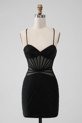 Black Tight Spaghetti Straps Corset Short Graduation Dress with Beading