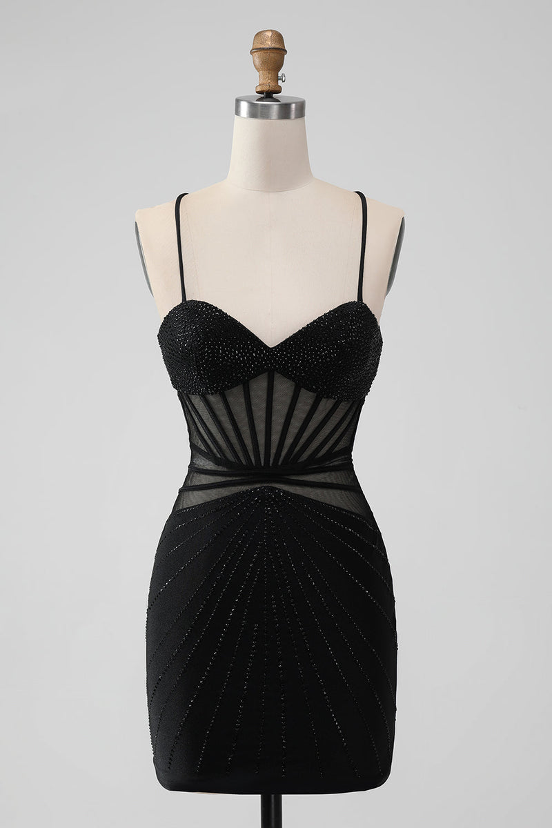 Load image into Gallery viewer, Black Bodycon Spaghetti Straps Corset Graduation Dress with Beading