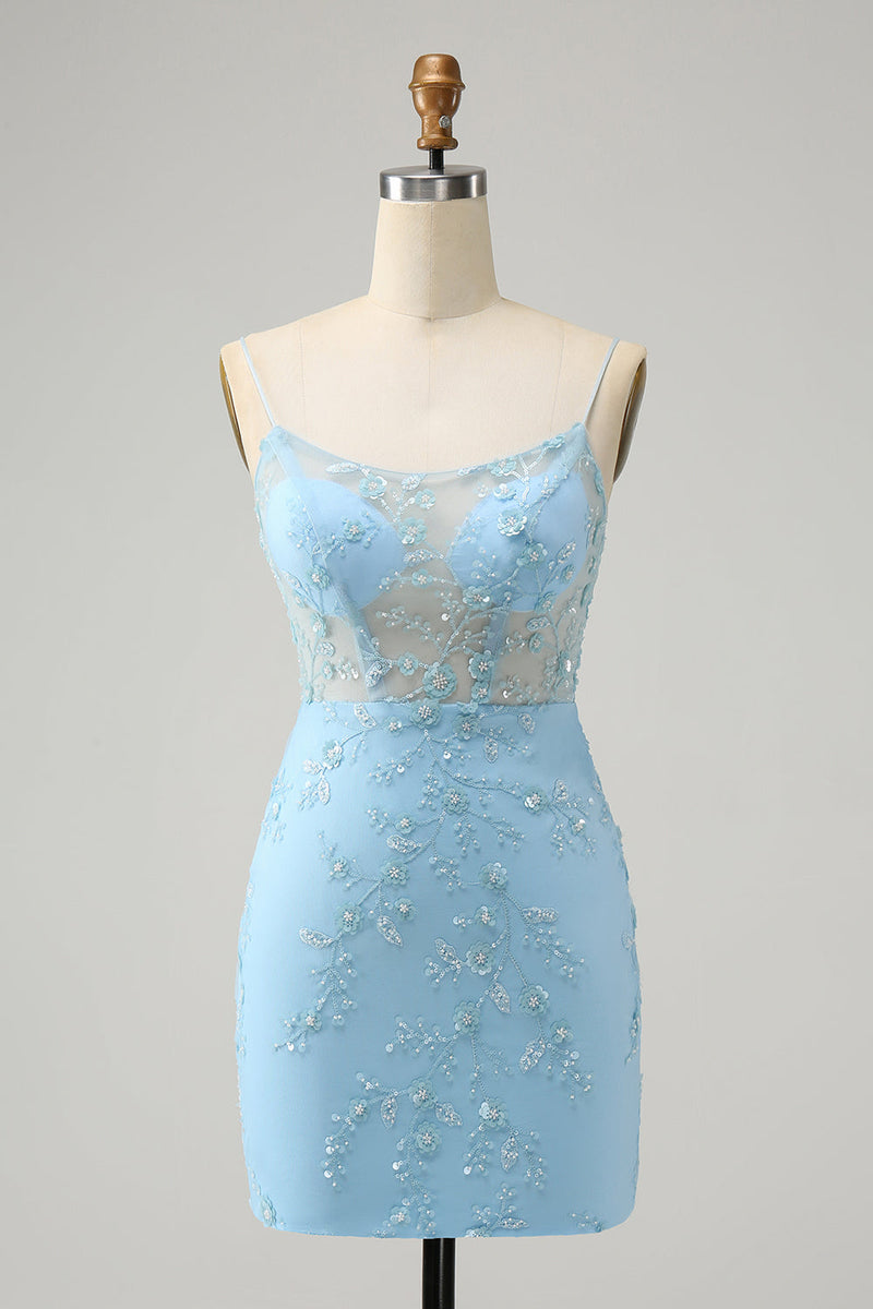 Load image into Gallery viewer, Blue Spaghetti Straps Bodycon Graduation Dress with Lace-Up Back