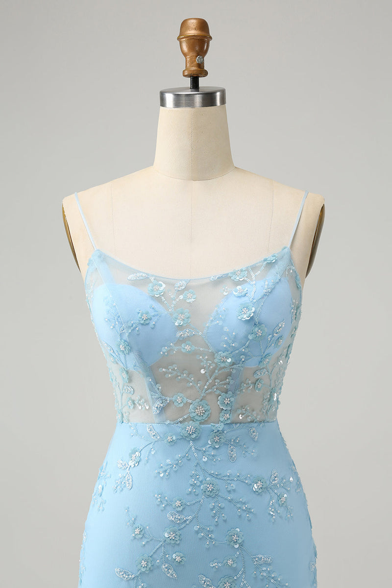 Load image into Gallery viewer, Blue Spaghetti Straps Bodycon Graduation Dress with Lace-Up Back