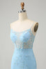 Load image into Gallery viewer, Blue Spaghetti Straps Bodycon Graduation Dress with Lace-Up Back