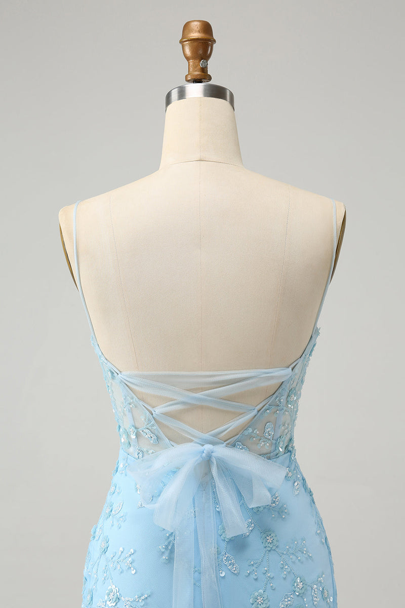 Load image into Gallery viewer, Blue Spaghetti Straps Bodycon Graduation Dress with Lace-Up Back