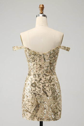 Sparkly Bodycon Golden Off The Shoulder Graduation Dress with Sequins