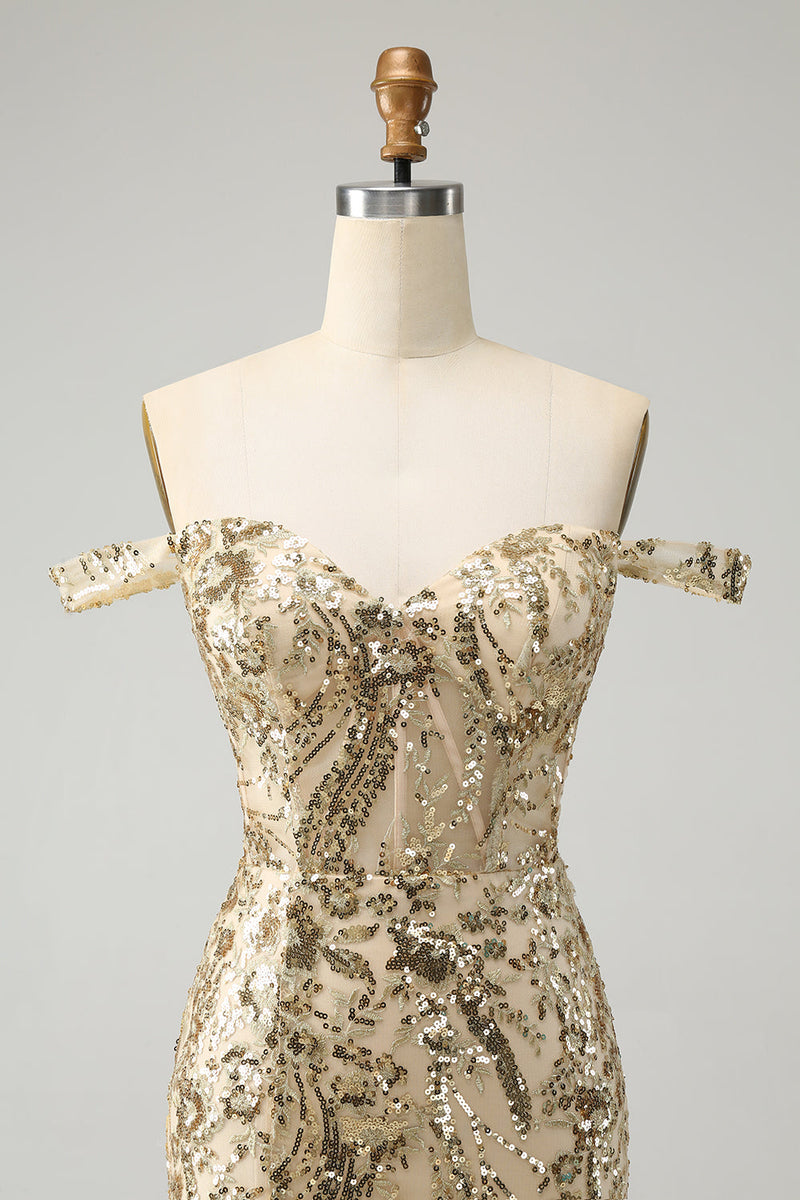 Load image into Gallery viewer, Sparkly Bodycon Golden Off The Shoulder Graduation Dress with Sequins