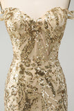 Sparkly Bodycon Golden Off The Shoulder Graduation Dress with Sequins