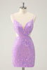 Load image into Gallery viewer, Glitter Purple Tight Sequined V Neck Short Graduation Dress